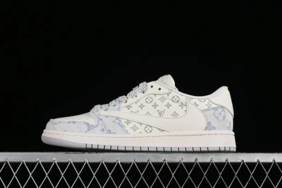 Nike Air Jordan 1 Low OG SP Travis Scott x Fragment Design LV Washed Blue Denim Casual Sneakers - SJ2068-007