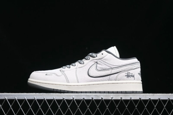 Nike Air Jordan 1 Low AJ1 Stussy Collaboration - Premium Customized Pigskin Grey Line Retro Basketball Shoes - DM9188-005