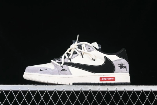 Nike Travis Scott x Fragment Design x Air Jordan 1 Low OG SP AJ1 Stussy Collaboration - Black Hook Dual-Tone Drawstring Low-Top Casual Sneakers - SJ0086-139