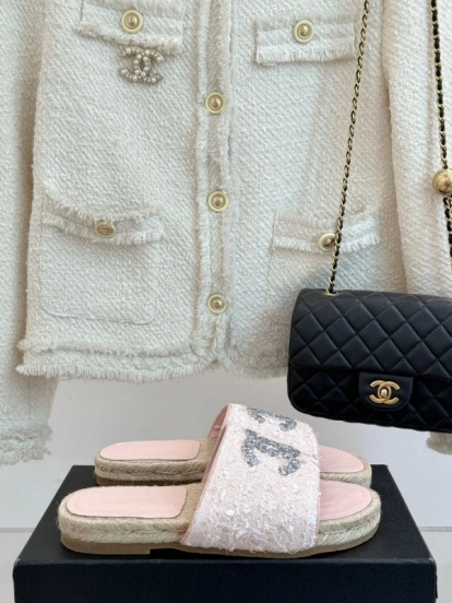 2025 Women Chanel Pink Tweed Espadrille Slide Sandals Handmade Craft KFY00240 (F)