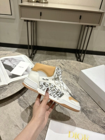 2025 Women Dior White Beige Leather Mesh High Top Sneakers