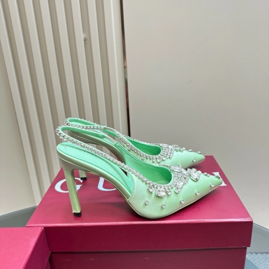 2025 Women Gucci Light Green Satin High Heel Slingback Rhinestone MJ00340