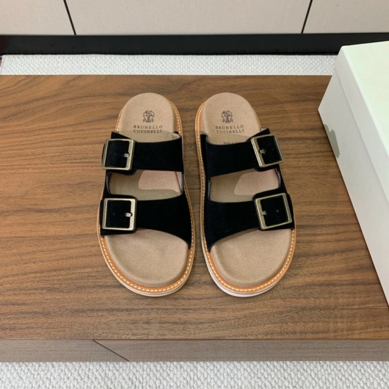 2025 Unisex Brunello Cucinelli Black Suede Leather Slippers KFY00250