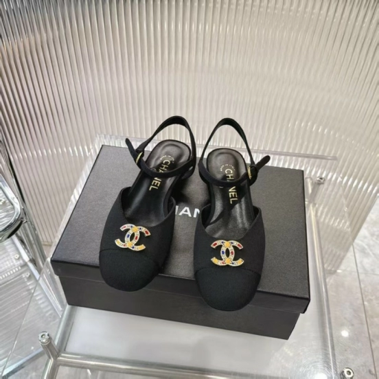 2025 Women Chanel Black Fabric Slingback Sandals