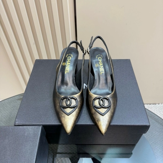 2025 Women Chanel Gold Black Leather Slingback Heel
