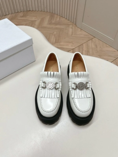2025 Women Dior White Leather Loafers Metal Buckle KFY00350