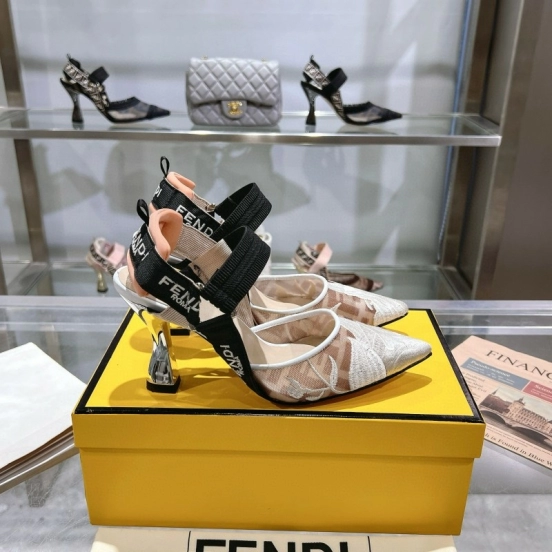 2025 Women Fendi Beige Black Mesh Leather Heels MJ00280