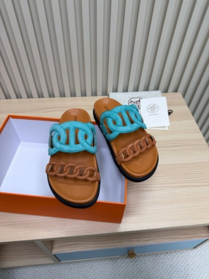 2025 Slippers Hermès Blue Brown Leather Slippers