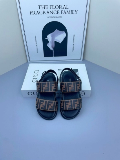2025 Kids Fendi Brown Black Leather Sandals
