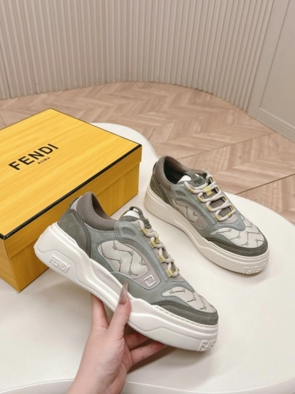 2025 Unisex Fendi Grey White Fabric Leather Plimsolls Mark Line