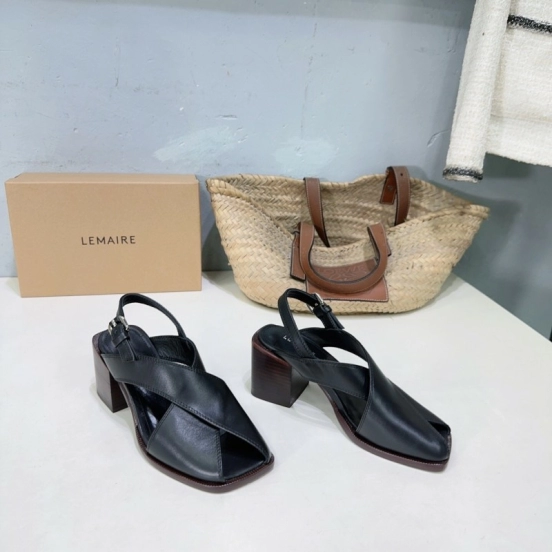 2025 Women Lemaire Black Leather Block Heel Sandals