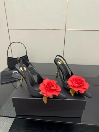 Saint Laurent 2025 SS Rose Thorn High Heels with Sculptural Gold Heel - KFY00320