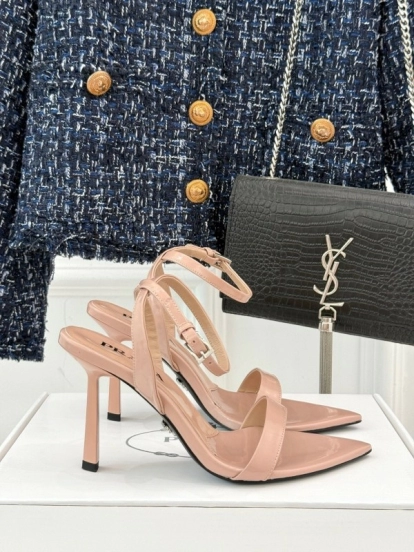 Prada 2025 SS Pointed Toe High Heel Sandals with Triangle Buckle - KFY00280